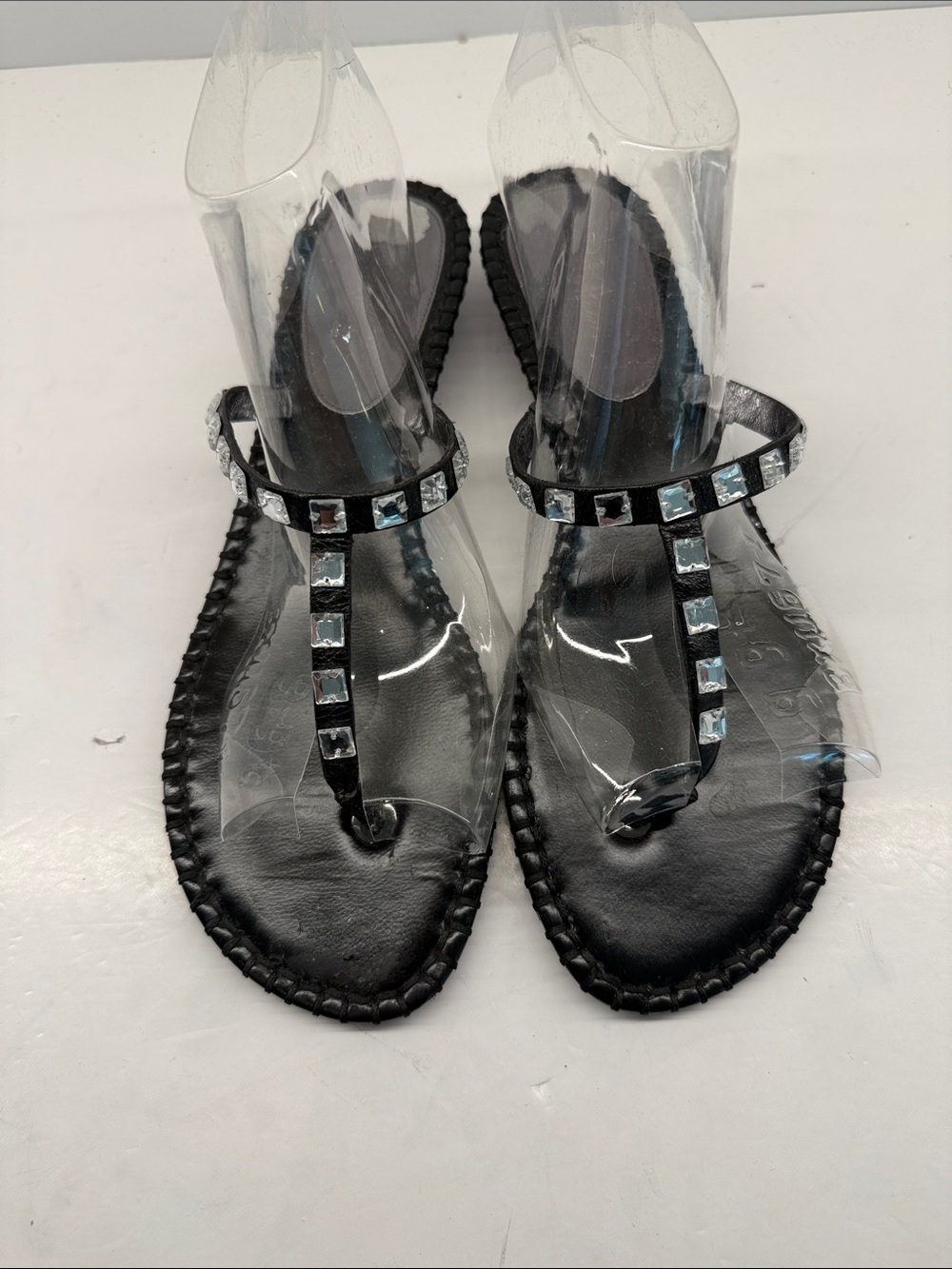 Cole Haan Black T-Strap Sandals with Square Gem Accents
